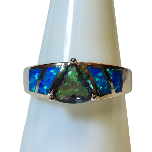 Silver Ring Size 10 Blue Lab Fire Opal Inlay 6mm * 6mm Mystic Rainbow Topaz NOS - Picture 4 of 6